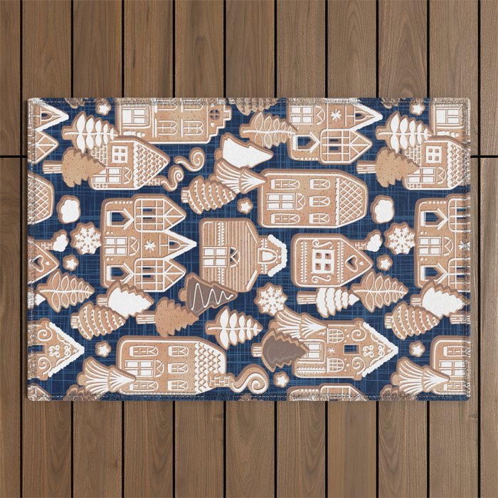 Whimsical Gingerbread Christmas Village // blue and brown Outdoor Rug Gallery Image 1