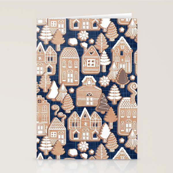 Whimsical Gingerbread Christmas Village // blue and brown Stationery Card Gallery Image 1