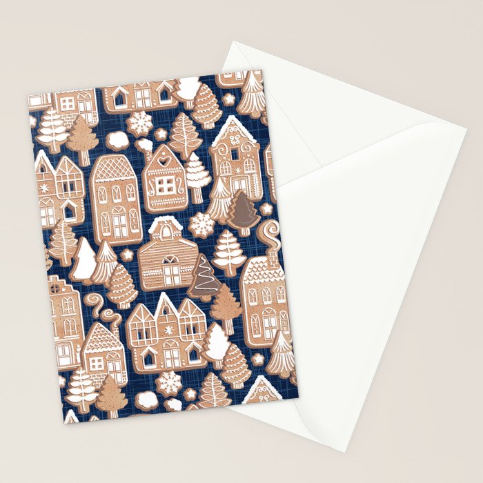 Whimsical Gingerbread Christmas Village // blue and brown Stationery Card Gallery Image 2