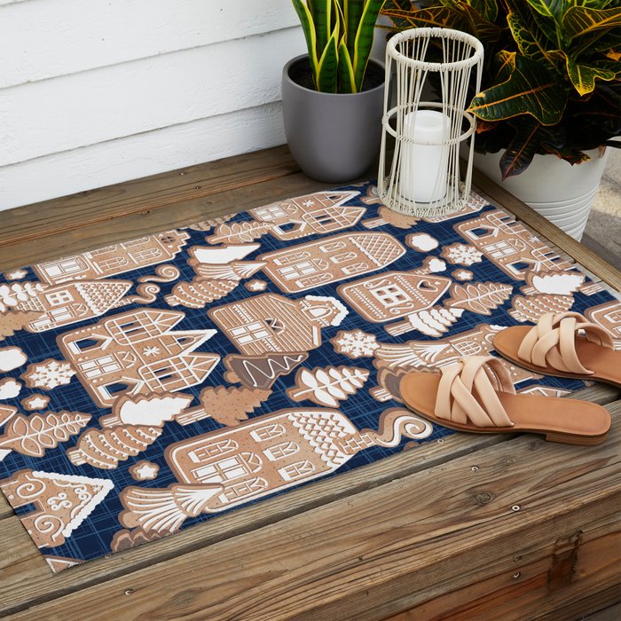 Whimsical Gingerbread Christmas Village // blue and brown Outdoor Rug Gallery Image 2