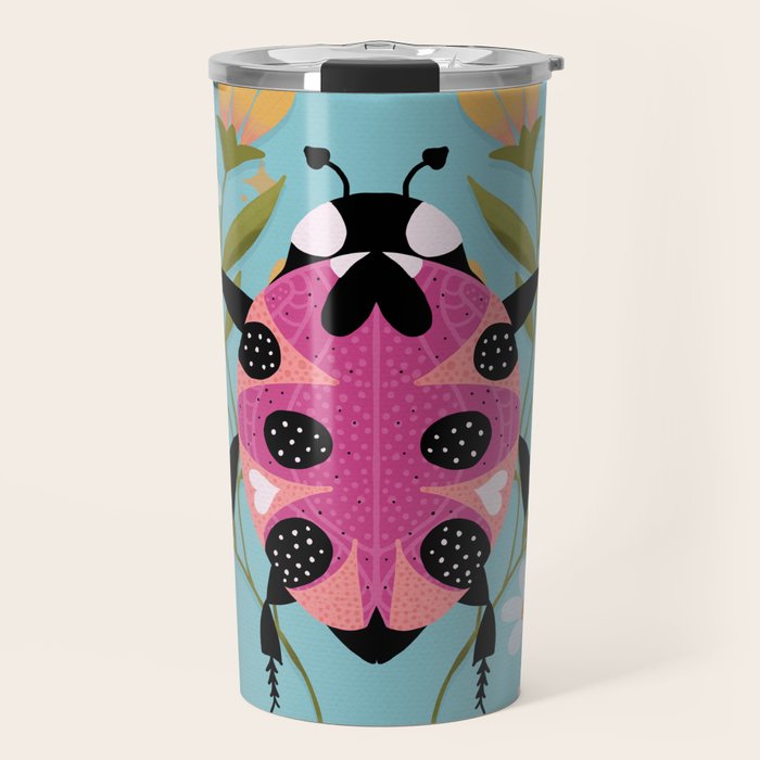 Whimsical Ladybug Garden - Folk Art with Flowers, Bees and Dragonflies Travel Mug Gallery Image 1