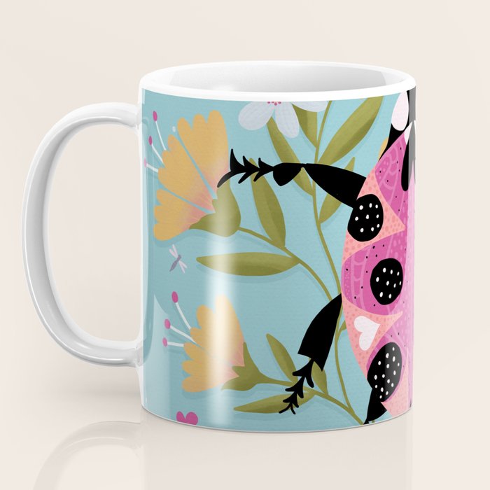 Whimsical Ladybug Garden - Folk Art with Flowers, Bees and Dragonflies Coffee Mug Gallery Image 3