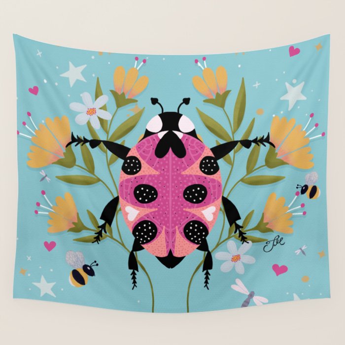 Whimsical Ladybug Garden - Folk Art with Flowers, Bees and Dragonflies Wall Tapestry Gallery Image 4