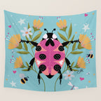 Whimsical Ladybug Garden - Folk Art with Flowers, Bees and Dragonflies Wall Tapestry Gallery Image 4