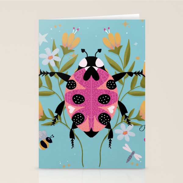 Whimsical Ladybug Garden - Folk Art with Flowers, Bees and Dragonflies Stationery Card Gallery Image 1