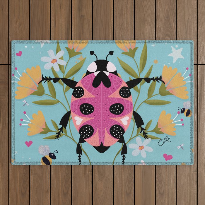 Whimsical Ladybug Garden - Folk Art with Flowers, Bees and Dragonflies Outdoor Rug Gallery Image 1