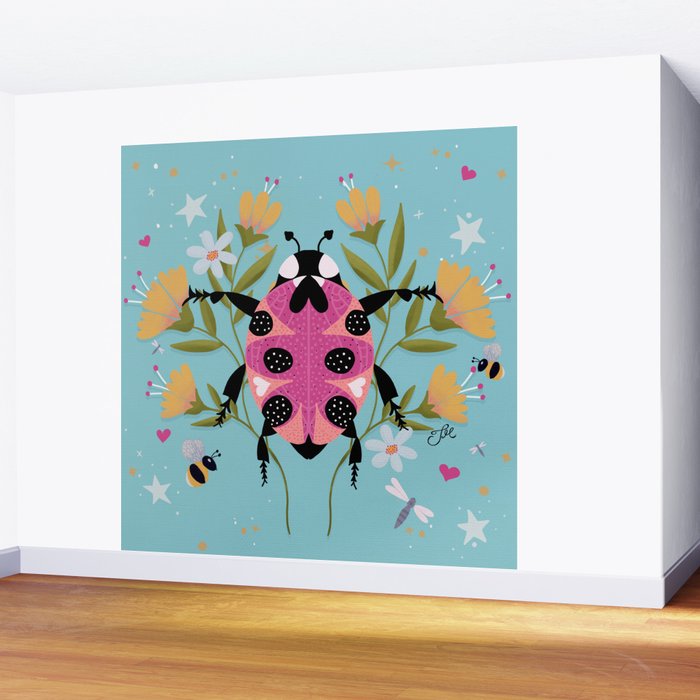 Whimsical Ladybug Garden - Folk Art with Flowers, Bees and Dragonflies Wall Mural Gallery Image 2