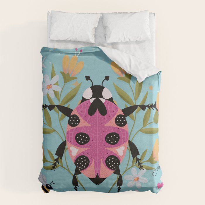 Whimsical Ladybug Garden - Folk Art with Flowers, Bees and Dragonflies Duvet Cover Gallery Image 1