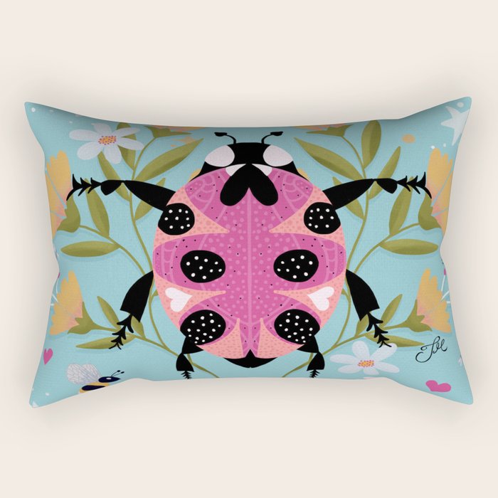 Whimsical Ladybug Garden - Folk Art with Flowers, Bees and Dragonflies Rectangular Pillow Gallery Image 1