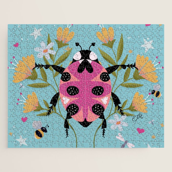 Whimsical Ladybug Garden - Folk Art with Flowers, Bees and Dragonflies Jigsaw Puzzle Gallery Image 1
