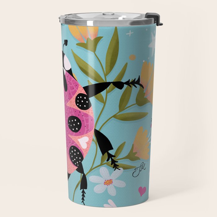 Whimsical Ladybug Garden - Folk Art with Flowers, Bees and Dragonflies Travel Mug Gallery Image 2