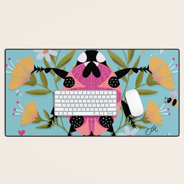 Whimsical Ladybug Garden - Folk Art with Flowers, Bees and Dragonflies Desk Mat Gallery Image 1