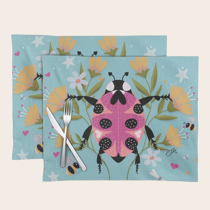 Whimsical Ladybug Garden - Folk Art with Flowers, Bees and Dragonflies Placemat Gallery Image 1