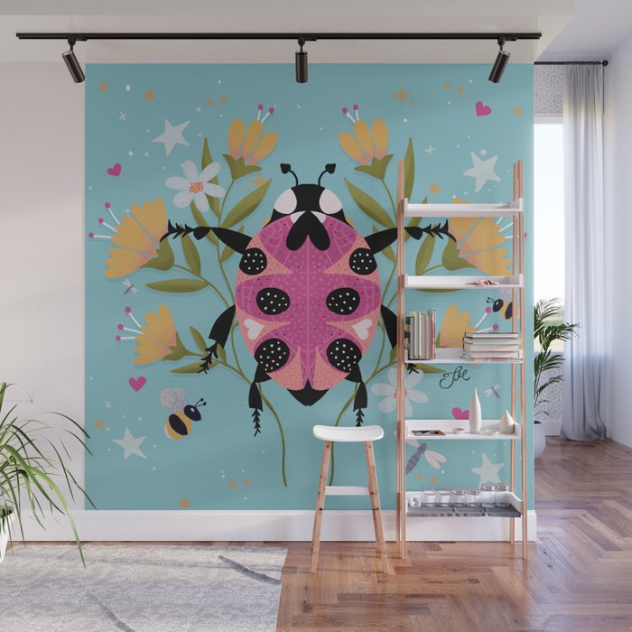 Whimsical Ladybug Garden - Folk Art with Flowers, Bees and Dragonflies Wall Mural Gallery Image 1