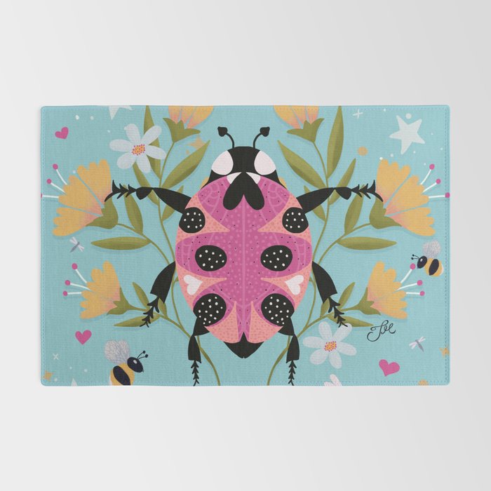 Whimsical Ladybug Garden - Folk Art with Flowers, Bees and Dragonflies Rug Gallery Image 2