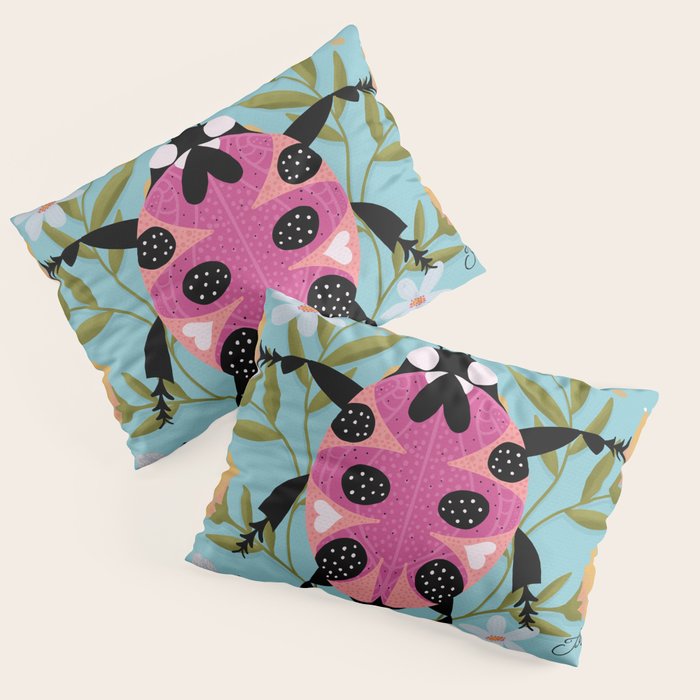 Whimsical Ladybug Garden - Folk Art with Flowers, Bees and Dragonflies Pillow Sham Gallery Image 3