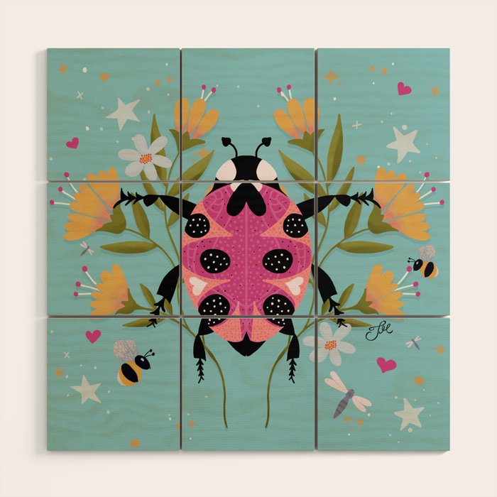 Whimsical Ladybug Garden - Folk Art with Flowers, Bees and Dragonflies Wood Wall Art Gallery Image 1