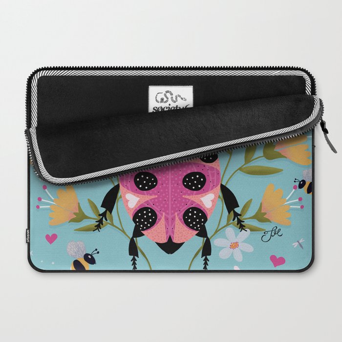 Whimsical Ladybug Garden - Folk Art with Flowers, Bees and Dragonflies Laptop Sleeve Gallery Image 2