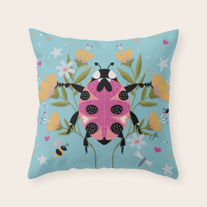 Whimsical Ladybug Garden - Folk Art with Flowers, Bees and Dragonflies Throw Pillow Gallery Image 6