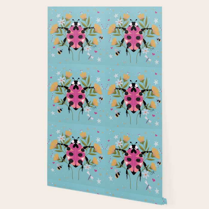 Whimsical Ladybug Garden - Folk Art with Flowers, Bees and Dragonflies Wallpaper Gallery Image 2