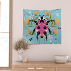 Whimsical Ladybug Garden - Folk Art with Flowers, Bees and Dragonflies Wall Tapestry Gallery Image 2