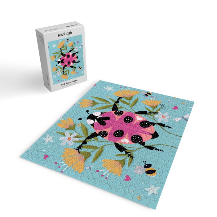 Whimsical Ladybug Garden - Folk Art with Flowers, Bees and Dragonflies Jigsaw Puzzle Gallery Image 2