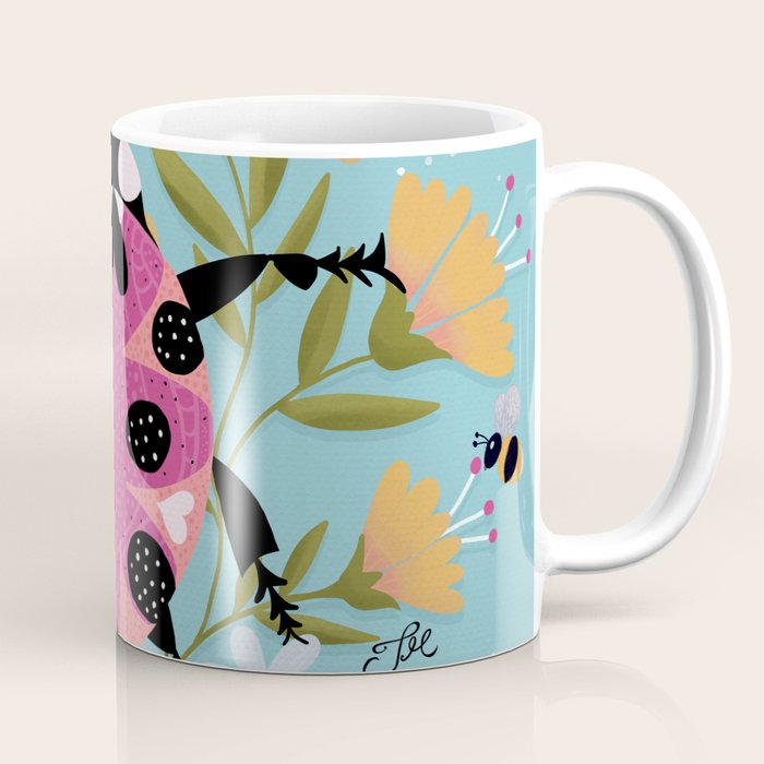 Whimsical Ladybug Garden - Folk Art with Flowers, Bees and Dragonflies Coffee Mug Gallery Image 1