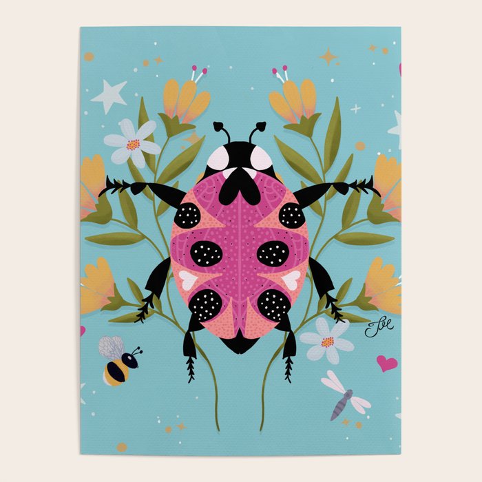 Whimsical Ladybug Garden - Folk Art with Flowers, Bees and Dragonflies Poster Gallery Image 4