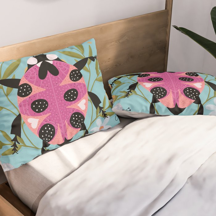 Whimsical Ladybug Garden - Folk Art with Flowers, Bees and Dragonflies Pillow Sham Gallery Image 2