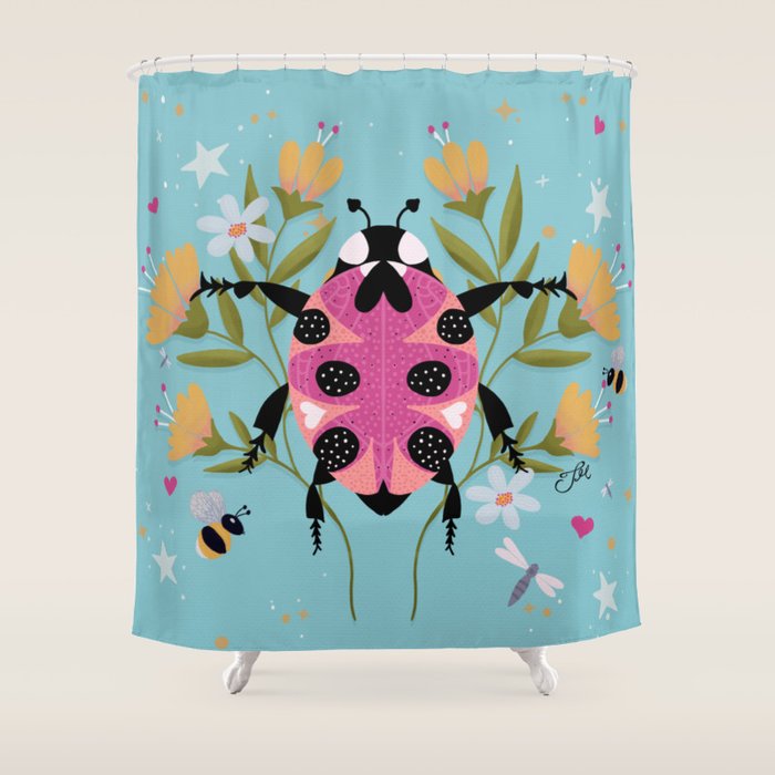 Whimsical Ladybug Garden - Folk Art with Flowers, Bees and Dragonflies Shower Curtain Gallery Image 1