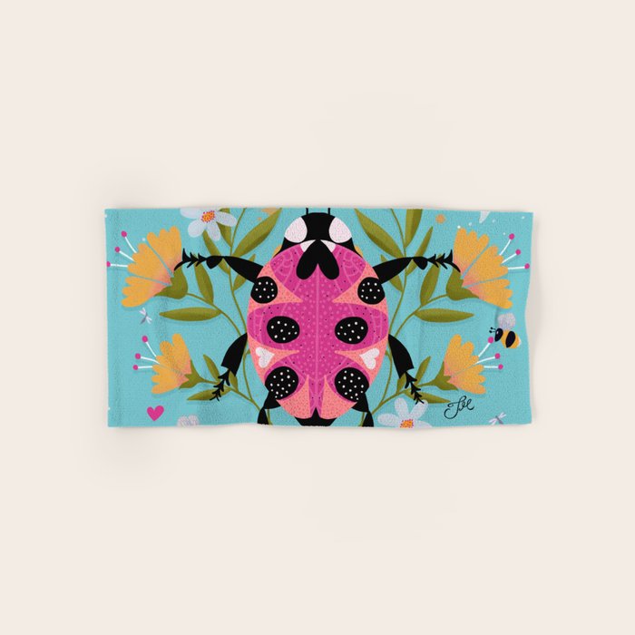 Whimsical Ladybug Garden - Folk Art with Flowers, Bees and Dragonflies Bath Towel Gallery Image 1