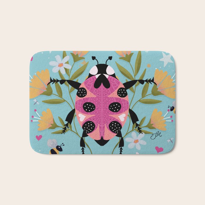 Whimsical Ladybug Garden - Folk Art with Flowers, Bees and Dragonflies Bath Mat Gallery Image 1