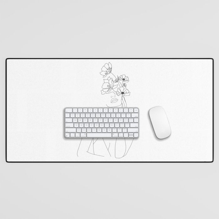 Minimal Line Art Woman with Flowers Desk Mat Gallery Image 1