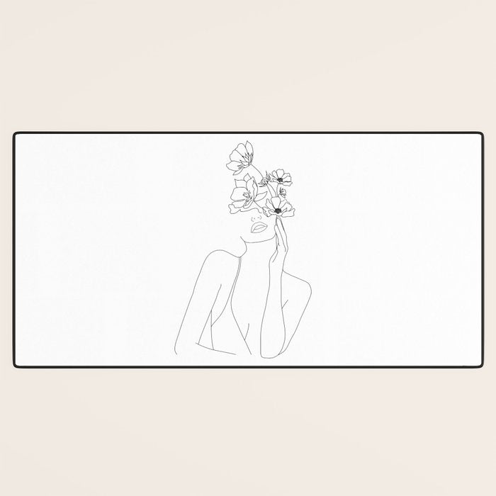 Minimal Line Art Woman with Flowers Desk Mat Gallery Image 3