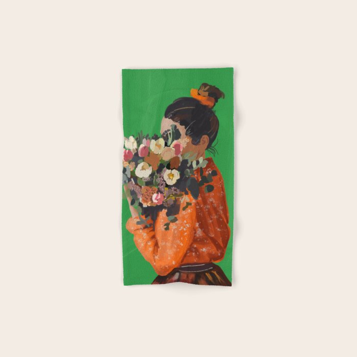 Woman with Flowers Painting Bath Towel Gallery Image 1