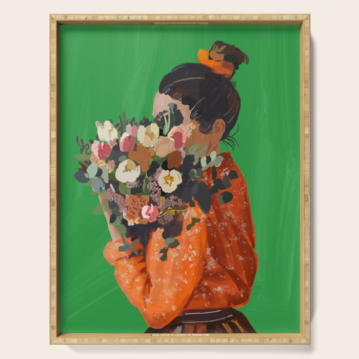 Woman with Flowers Painting Serving Tray Gallery Image 1