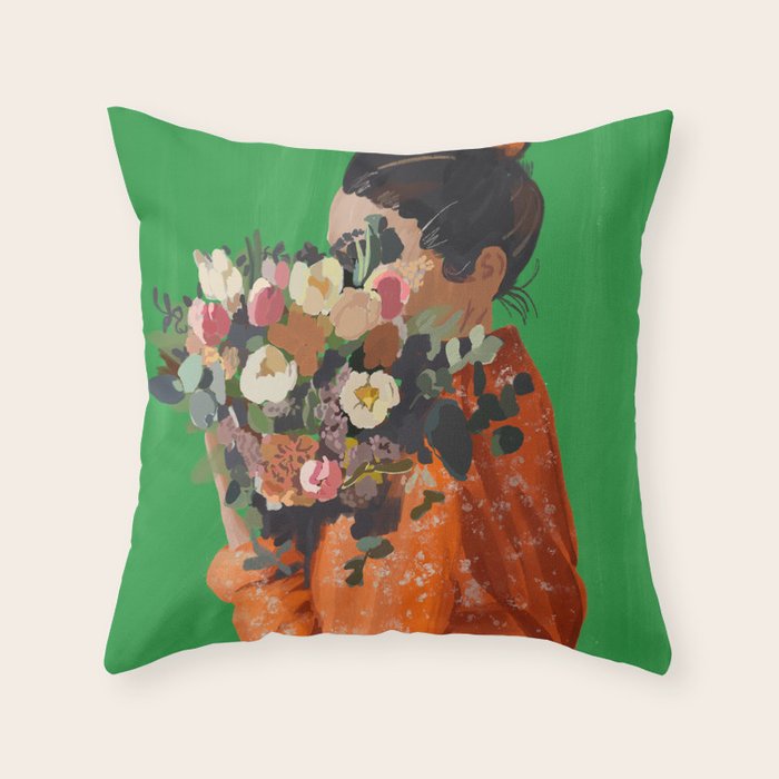 Woman with Flowers Painting Throw Pillow Gallery Image 6