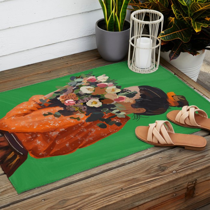 Woman with Flowers Painting Outdoor Rug Gallery Image 2