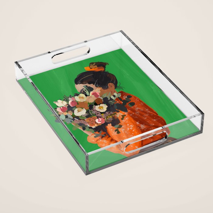 Woman with Flowers Painting Acrylic Tray Gallery Image 1