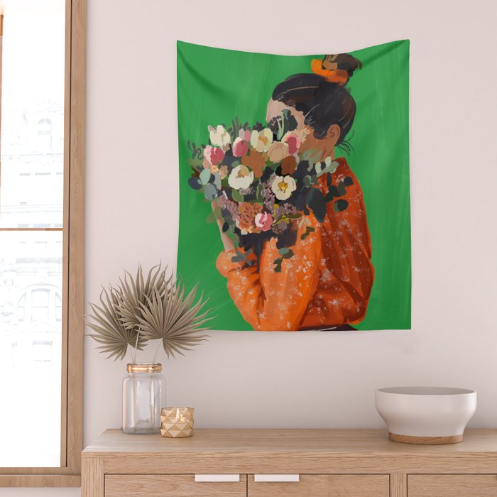 Woman with Flowers Painting Wall Tapestry Gallery Image 2