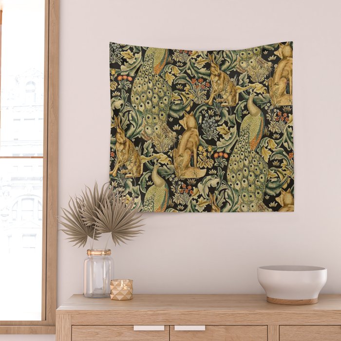 William Morris Teal Forest,peacock,birds Wall Tapestry Gallery Image 2
