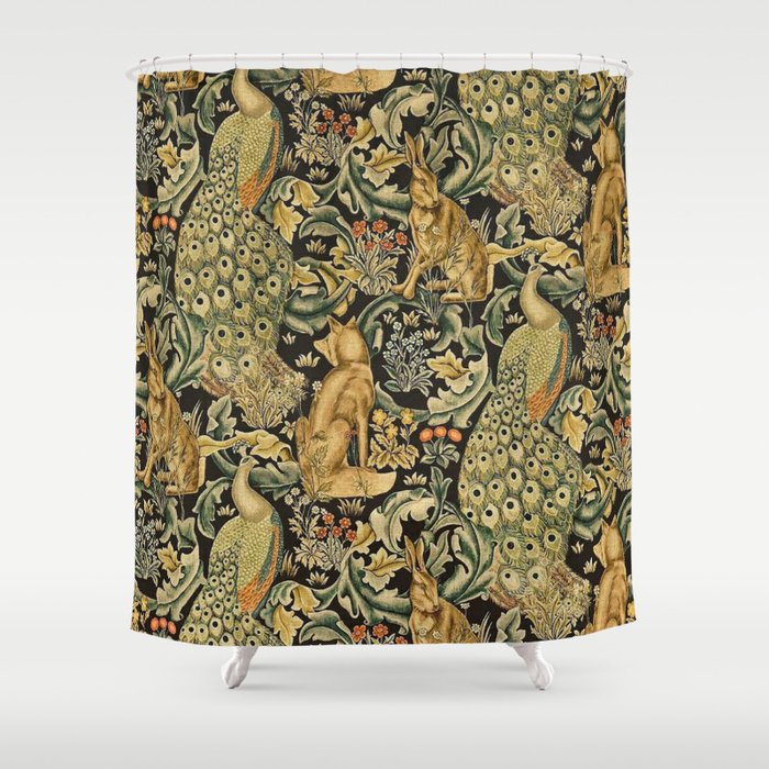 William Morris Teal Forest,peacock,birds Shower Curtain Gallery Image 1