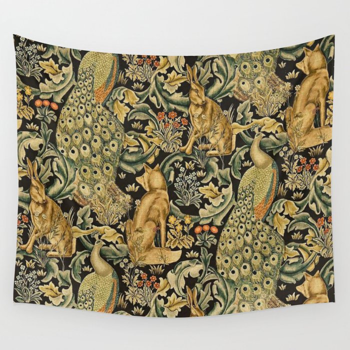 William Morris Teal Forest,peacock,birds Wall Tapestry Gallery Image 1