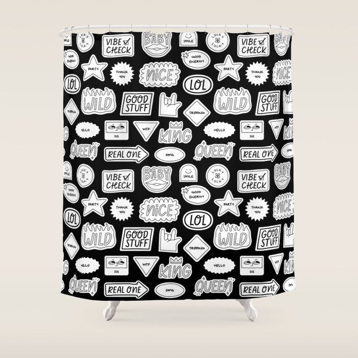 Funny black and white cartoon sticker quote pattern Shower Curtain Gallery Image 1