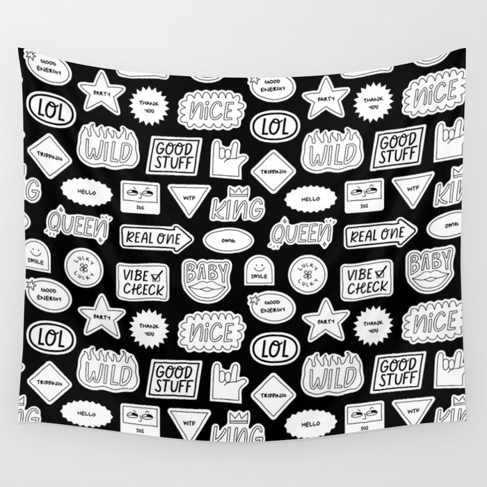 Funny black and white cartoon sticker quote pattern Wall Tapestry Gallery Image 4