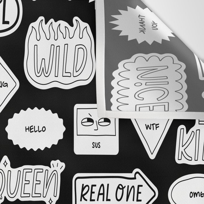 Funny black and white cartoon sticker quote pattern Wall Tapestry Gallery Image 3