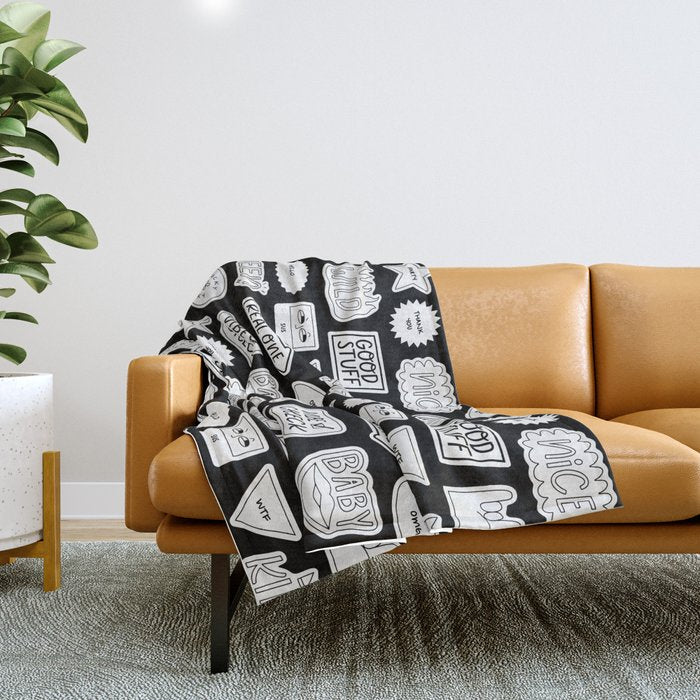 Funny black and white cartoon sticker quote pattern Throw Blanket Gallery Image 1
