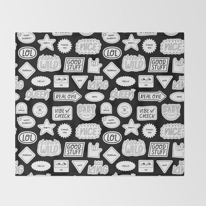 Funny black and white cartoon sticker quote pattern Throw Blanket Gallery Image 2