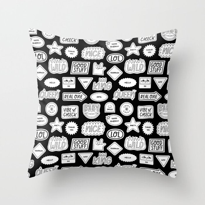 Funny black and white cartoon sticker quote pattern Throw Pillow Gallery Image 6