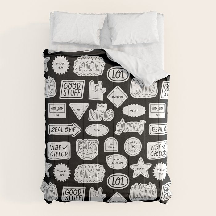 Funny black and white cartoon sticker quote pattern Comforter Gallery Image 1